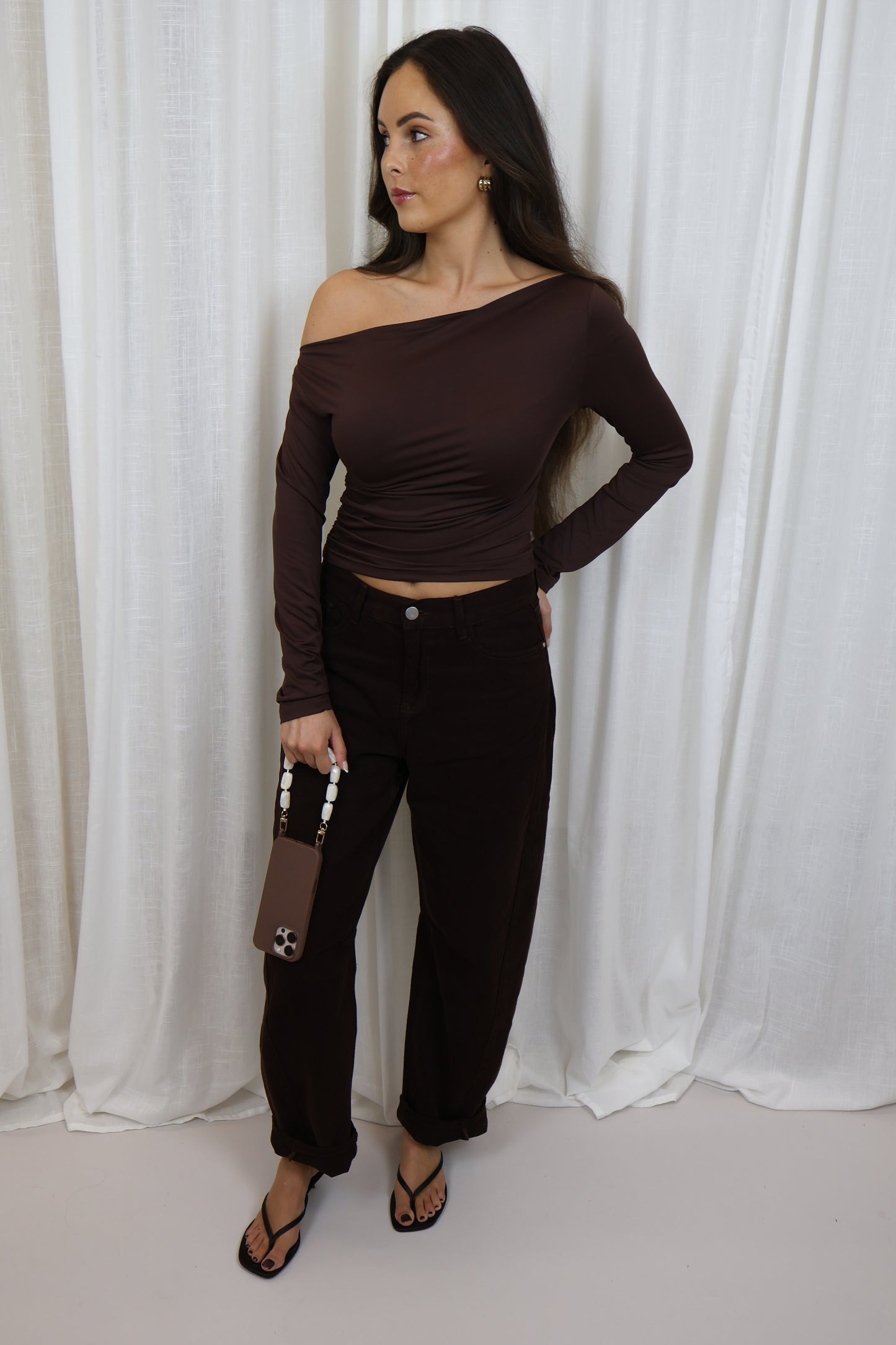 Off-shoulder top lange mouwen - Bruin