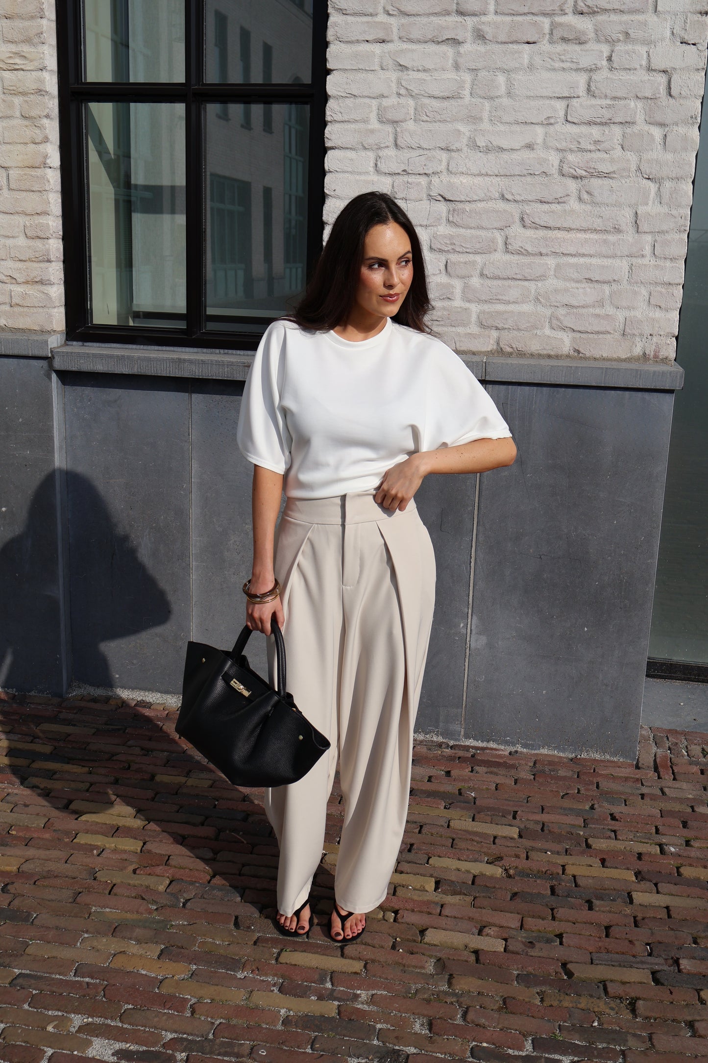 Plooibroek met band - Licht beige