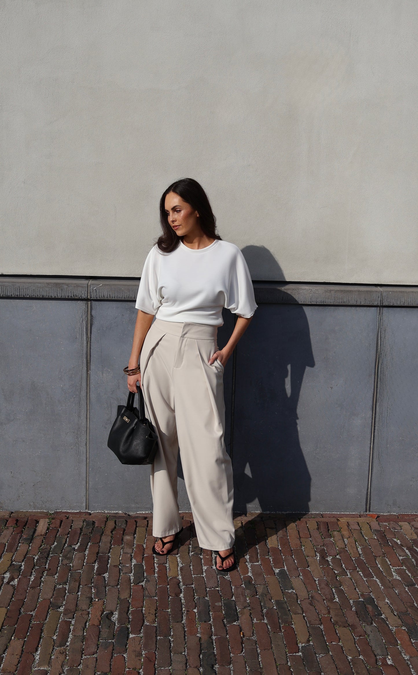 Plooibroek met band - Licht beige
