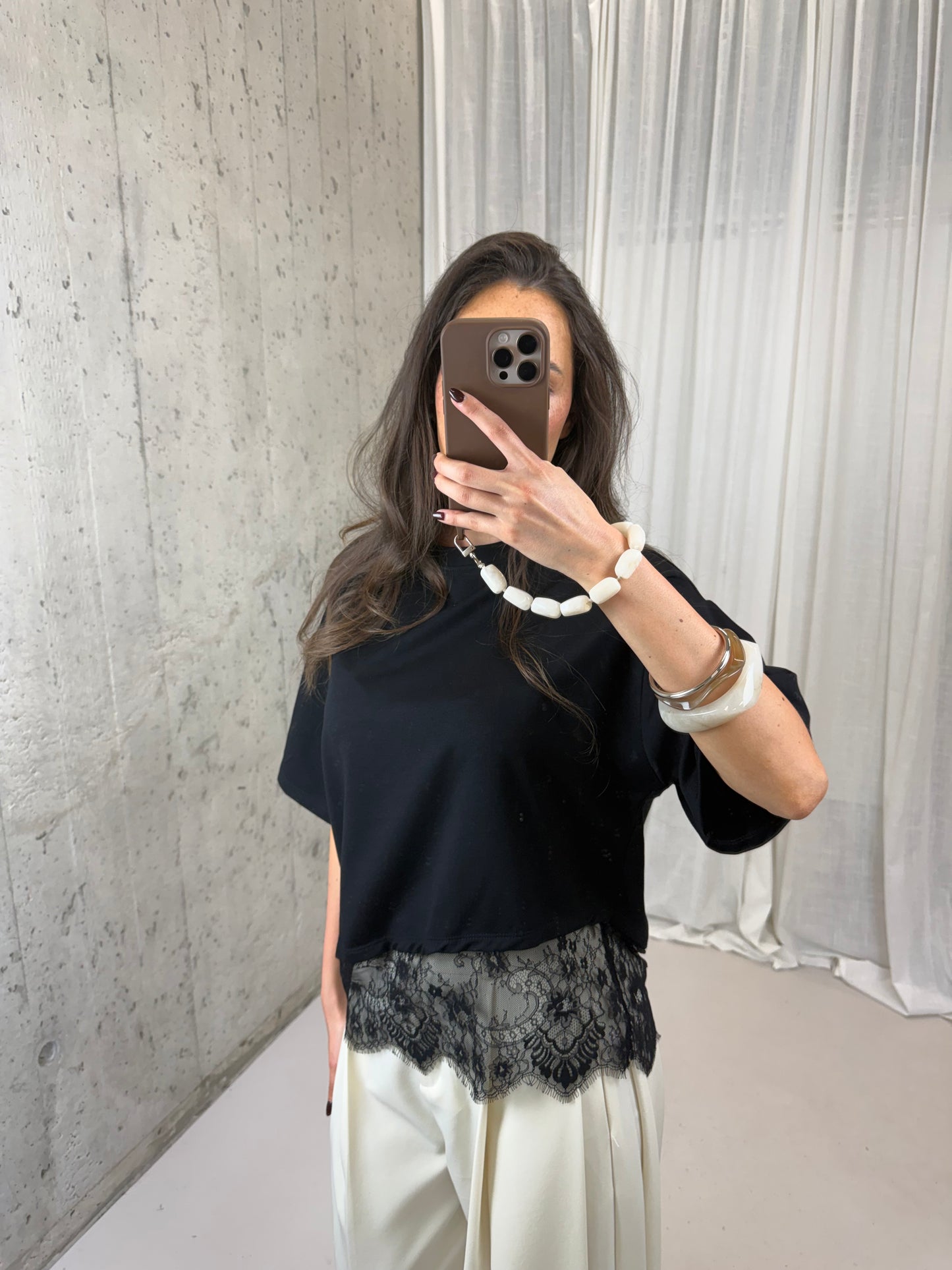 Shirt met kant - Zwart
