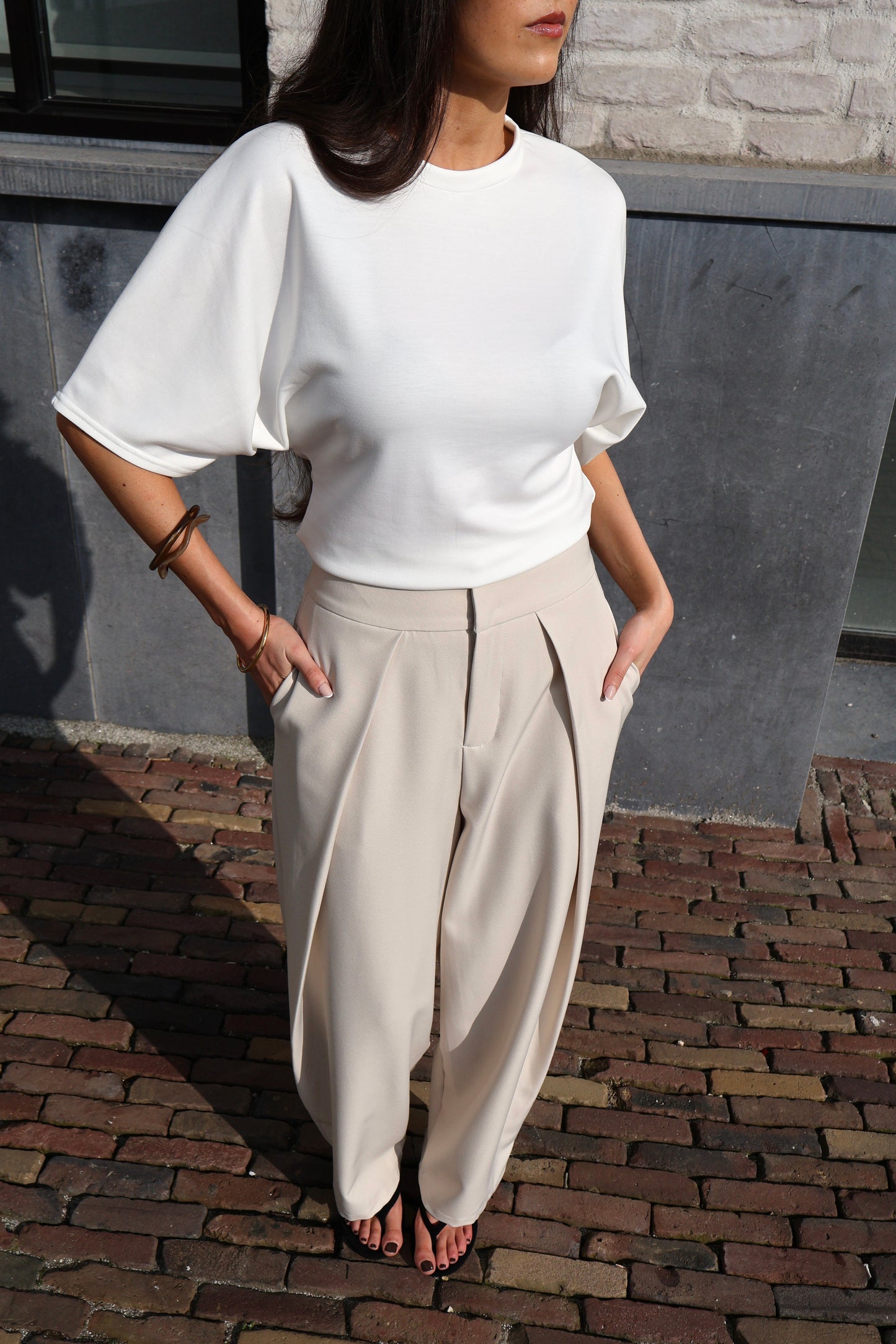 Plooibroek met band - Licht beige