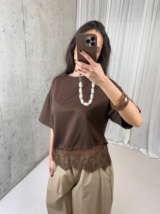 Shirt met kant - Bruin