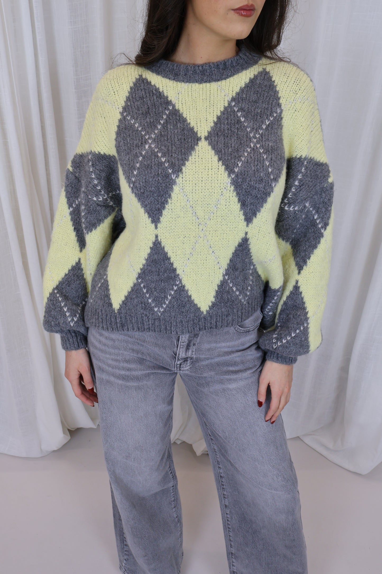 Trui ruit - grijs met geel