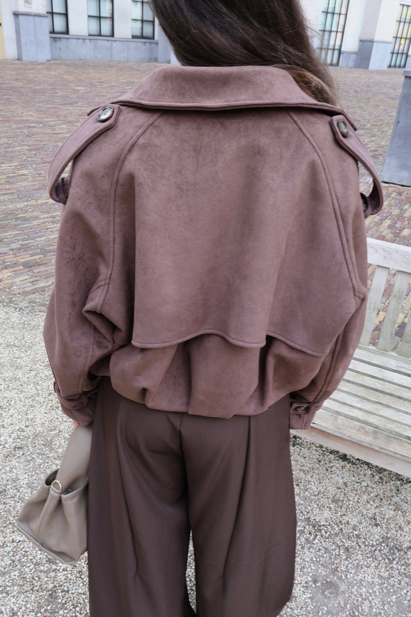 suede bomber trenchcoat - Donker bruin
