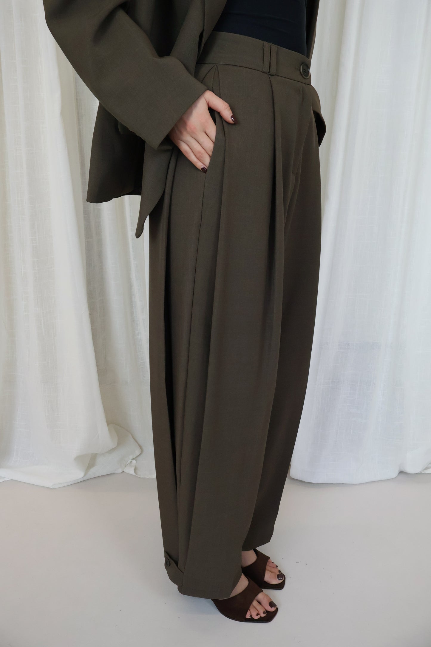 Pantalon met zij plooi - Bruin