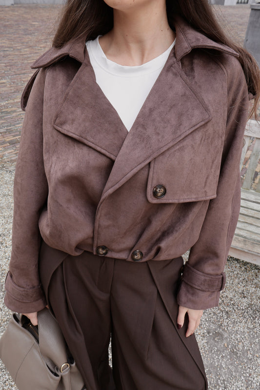 suede bomber trenchcoat - Donker bruin
