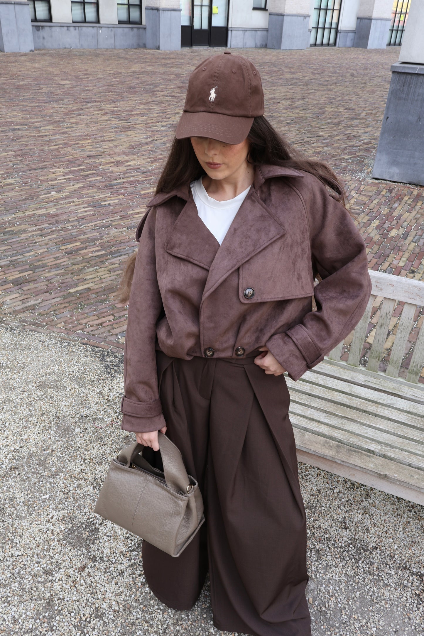 suede bomber trenchcoat - Donker bruin