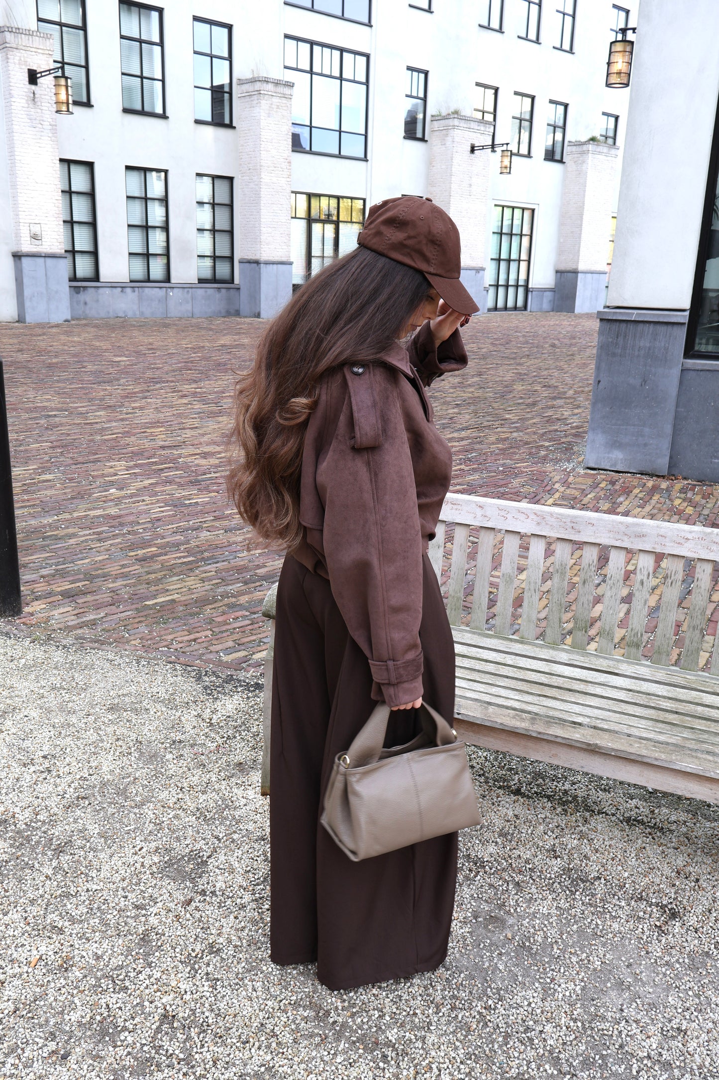 suede bomber trenchcoat - Donker bruin