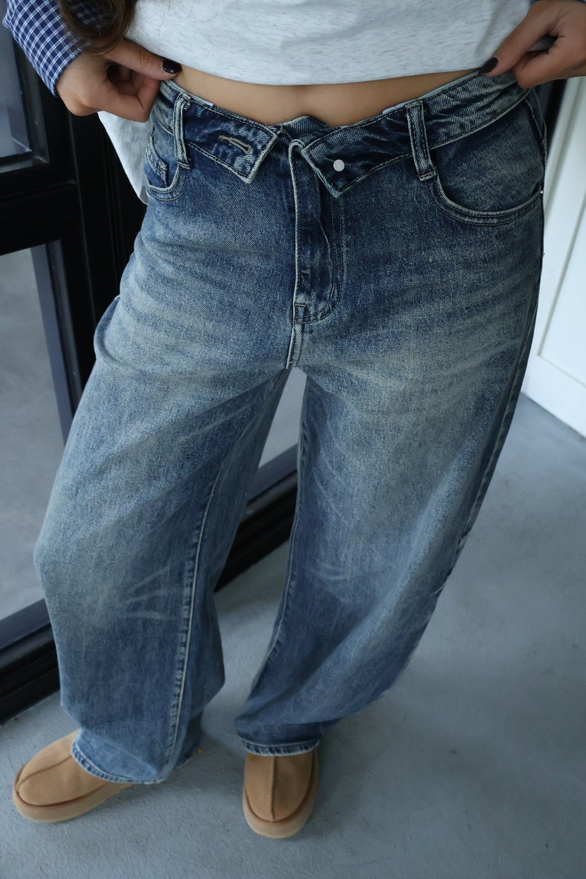 PRE ORDER Balloon jeans met overslag - Donker blauw