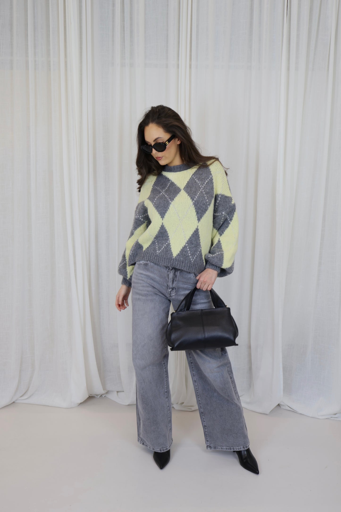 Trui ruit - grijs met geel